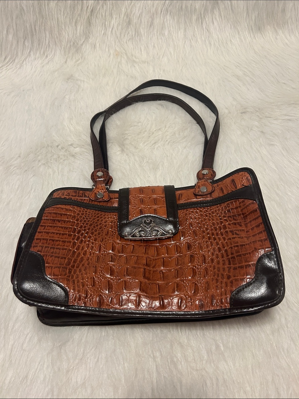 Vtg MC Satchel Handbag Brown Faux Croc Leather